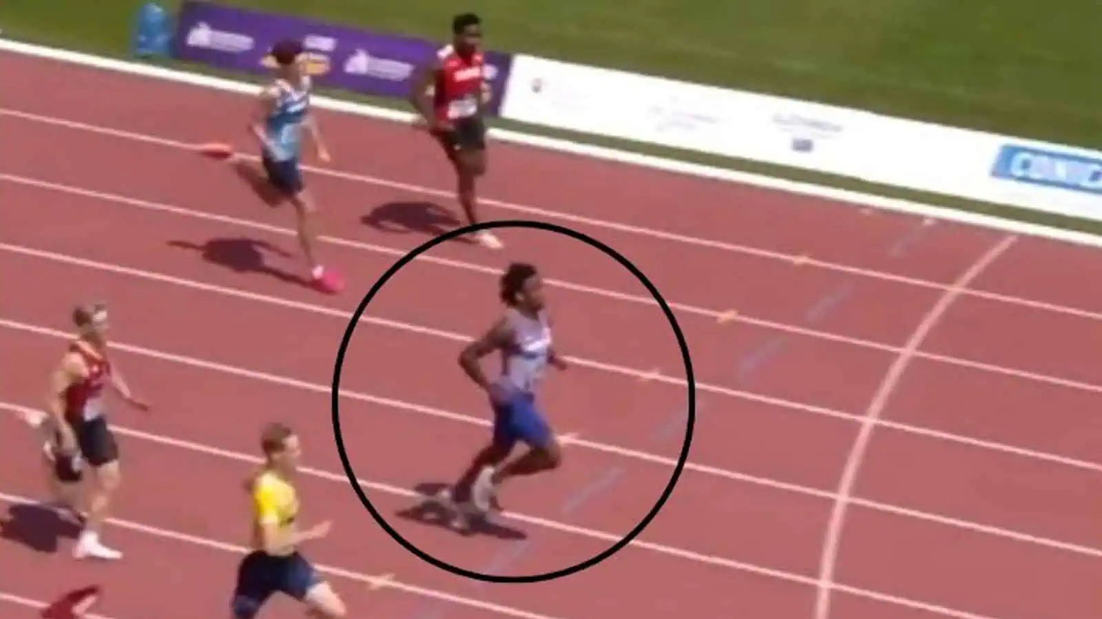 The moment sprinter Jake Odey-Jordan slowed down during the 200m race.